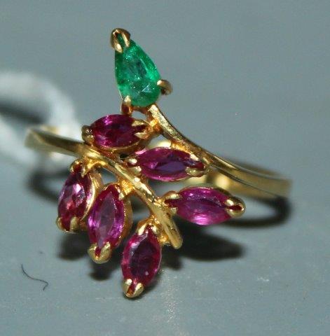 Ruby and emerald spray ring, 18ct gold setting